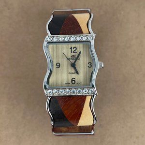 Vintage Decree Bangle Watch with Wood Inlay Silver Tone